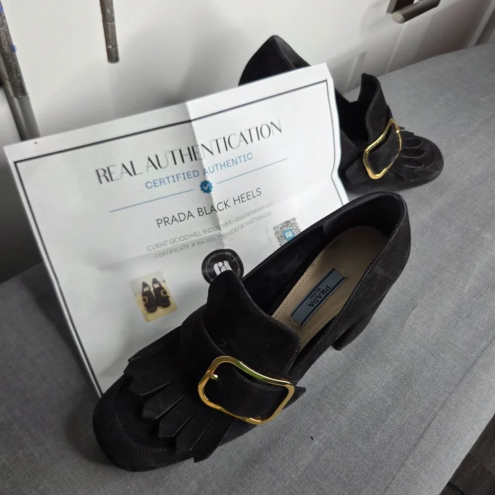 Women's Prada Black Suede Madras Fringe Buckle Slip-On with COA - EU Size 38.5 - Picture 11 of 12